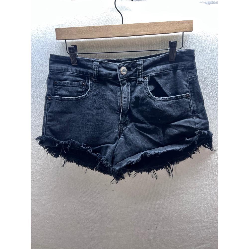American Eagle Distressed Hi-Rise Featival Jean Shorts Womens 8 Black Denim 3178
